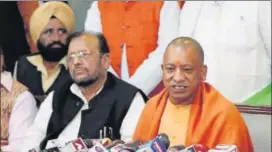  ?? HTPHOTO ?? Chief minister Yogi Adityanath addressing a press conference in Vidhan Bhavan.