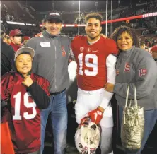  ?? Courtesy Arcega-Whiteside family 2016 ?? J.J. Arcega-Whiteside after a game with his brother, Keenan; father, Joaquin Arcega, and mother, Valerie Whiteside.