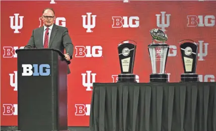  ?? ROBERT GODDIN/USA TODAY SPORTS ?? Indiana Hoosiers head coach Tom Allen speaks to the media during the Big 10 football media day at Lucas Oil Stadium on July 27.