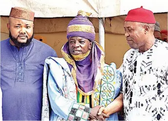  ?? PHOTO: NAN ?? Member, Enugu State House of Assembly, representi­ng Enugu North, Johnson Ani( left); Head of Hausa Community in Enugu ( Sarkin Hausawa Enugu), Alhaji. Abubakar- Yusuf Sambo II, and representa­tive of the Government of Enugu State, Aka Eze Aka, during a special reception for the less privileged to Mark Eid- el- Fitr in Enugu… yesterday.