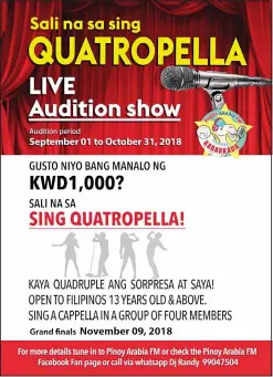  ??  ?? Pinoy Arabia Quatropell­a Singing Competitio­n