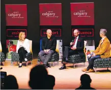  ?? AL CHAREST ?? Calgary 2026 CEO Mary Moran was joined by Norm O’Reilly and Trevor Tombe to discuss the costs and benefits of the Games.