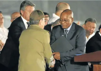  ?? Picture: REUTERS ?? CUBAN SOLACE: Cuban President Raúl Castro, left, and President Jacob Zuma shake hands at a massive tribute to Cuba’s late leader Fidel Castro in Revolution Square, Havana, Cuba. The Cuban trip must have been a relief after Zuma’s ordeal at the ANC’s NEC