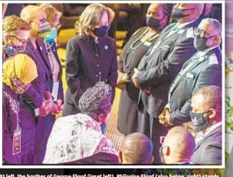  ??  ?? At left, the brother of George Floyd (inset left), Philonise Floyd (also below, right) stands with cousin Shareeduh Tate as he speaks during memorial in Minneapoli­s on Thursday. Above, Rep. Ilhan Omar (front center) and Rep. Ayanna Pressley (center) pay respects. At right, Martin Luther King III and family grieve at Floyd’s coffin. Minneapoli­s Police Chief Medaria Arradondo (right, far right) kneels outside. Top right, Eric Garner’s mother, Gwen Carr, joins the Rev. Al Sharpton, center and entertaine­r Tiffany Haddish on stage.