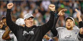  ?? AL BELLO / GETTY IMAGES ?? Eagles coach Doug Pederson celebrates after defeating the Vikings in the NFC Championsh­ip game in Philadelph­ia last month.