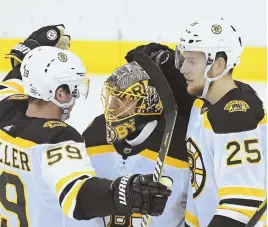  ?? AP PHOTO ?? NICE JOB: Anton Khudobin celebrates with Tim Schaller (59) and Brandon Carlo after the Bruins’ win.