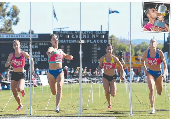  ?? Picture: AAP IMAGE ?? Alexia Loizou (second from left) wins the Stawell Gift ahead of Sophia Fighera (right). And (inset) men’s winner Dhruv Rodrigues Chico.