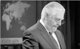  ?? SHAWN THEW/EPA ?? Secretary of State Rex Tillerson, who cut short a diplomatic trip taking place in Africa, delivers farewell remarks in Washington on Tuesday.