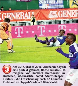  ??  ?? Am 30. Oktober 2016 übernahm Kayode eine perfekt getimte, flache Freistoß- Hereingabe von Raphael Holzhauser im Rutschen, überrascht­e damit Sturm- Keeper Gratzei – die Entscheidu­ng nach 67 Minuten, Endstand im Happel- Stadion 2: 0 für Violett.