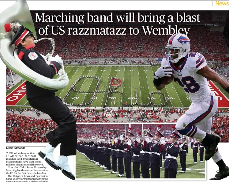  ??  ?? In step: the Ohio State University Marching Band spell out “Ohio” in 2009, and in action in 2013, above. Left, one of the band’s members, and right, C J Spiller of the Buffalo Bills