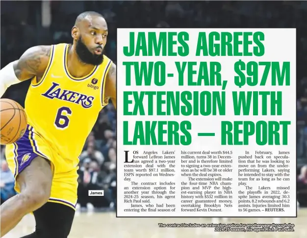 Reports: LeBron James agrees to two-year extension with Los