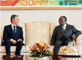  ?? (US STATE DEPARTMENT) ?? Ivorian President Alassane Ouattara meets with US Secretary of State Anthony Blinken in Abidjan, Cote d’Ivoire, on 23 January