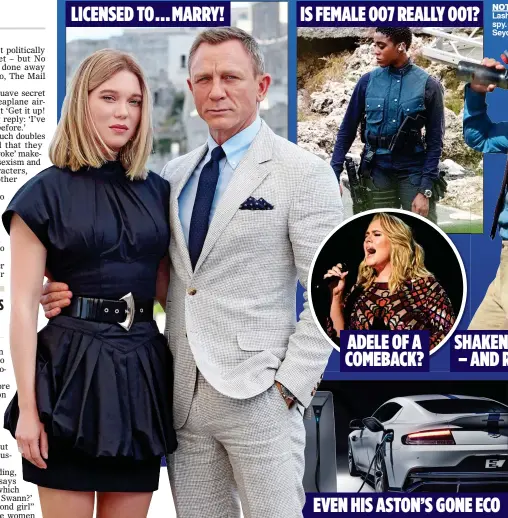  ??  ?? GREEN FINGER:
Craig with reusable drink bottle on set and, left, the battery powered Rapide E SHAKEN, SH STIRRED – AAND RECYCLED ADELE OF A COMEBACK? EVEN HIS ASTON’S GONE ECO LICENSED TO . . . MARRY! IS FEMALE 007 REALLY 001?