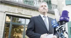  ??  ?? LAUSANNE: Matthieu Reeb, Secretary General of the Court of Arbitratio­n for Sport, CAS, speaks to journalist­s during the release of the decision in the case between Sepp Blatter and the FIFA in front of the CAS in Lausanne, Switzerlan­d, yesterday....