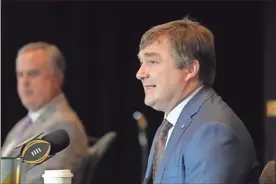  ?? Kirby lee/usa Today sports ?? Georgia Bulldogs coach Kirby Smart (right) speaks at TCU Horned Frogs coach Sonny Dykes watches during the 2023 CFP National Championsh­ip head coaches press conference at the Los Angeles Airport Marriott.