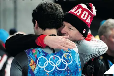  ?? JONATHAN HAYWARD/THE CANADIAN PRESS ?? HURTING Canada’s Sam Edney, left, is consoled after Canada missed the podium by one-tenth of a second.