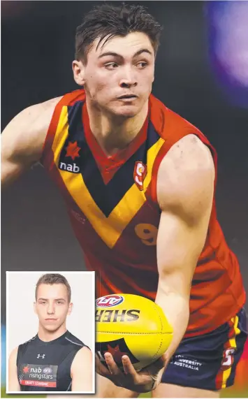  ?? Picture: MICHAEL DODGE ?? NIFTY (PICK) 50: Geelong draftee Cameron Taheny in action for South Australia at the AFL Under-18 Championsh­ips at Marvel Stadium this year. INSET: Francis Evans.