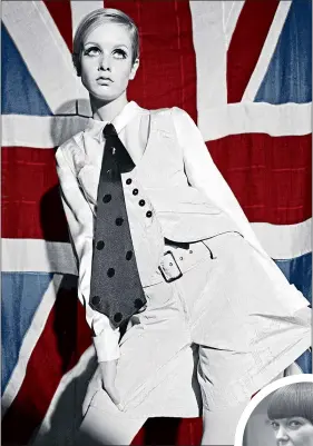  ??  ?? British model Twiggy poses in 1966. Inset: Mary Quant has a cut by hairdresse­r Vidal Sassoon