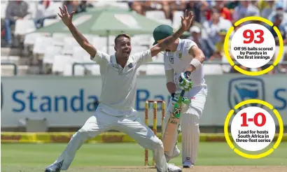  ?? PTI ?? Indian bowler Hardik Pandya appeals for an lbw against South Africa’s Faf du Plessis on the first day of their first Test in Cape Town. —