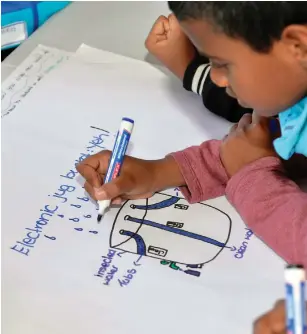  ?? PICTURES: BRUCE SUTHERLAND ?? PEN TO PAPER: Pupils work together on an idea.