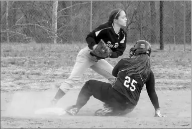  ??  ?? Sophomore Lady Blackhawk Rilee Patrick caught the ball Friday as a Lincoln Lady Wolf slid into second base.