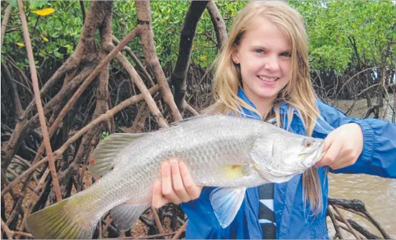  ??  ?? Mark Casey writes: ‘‘During the recent inclement weather the family went land-based at an unnamed location in Darwin Harbour. The tide was dropping and there were barramundi feeding on jelly prawns. We dropped a couple of barra, but our 11-year-old...