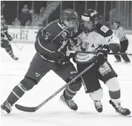  ?? DAVID BLOOM / POSTMEDIA NEWS ?? Saint John Sea Dogs’ Maxim Cajkovic, right, suited up for Slovakia at the 2018 Hlinka Gretzky Cup in Edmonton.