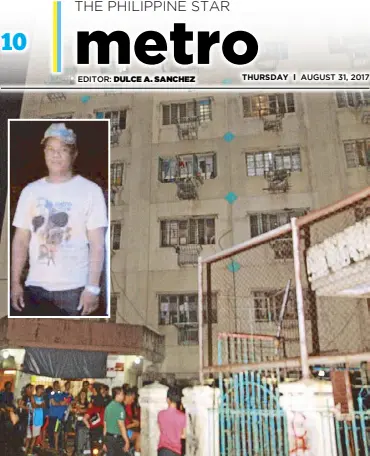  ?? JOVEN CAGANDE ?? Tenants wait outside the Central Park condominiu­m in Pasay City as Special Weapons and Tactics police officers hunt down Alberto Garan (inset) Tuesday night.