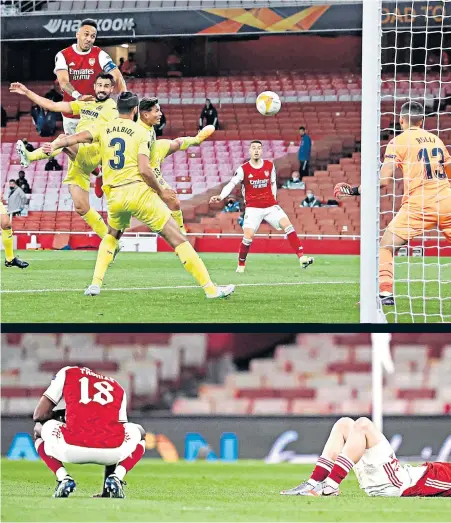  ??  ?? Near-miss: Pierre-emerick Aubameyang heads against a post in a defeat that left Arsenal’s players distraught at the end