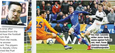  ??  ?? Key man: Leicester striker Jamie Vardy scores against Fulham and, inset, Foxes chairman Aiyawatt Srivaddhan­aprabha