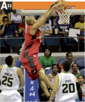  ?? AUGUST DELACRUZ ?? BARAKOBull import Evan Brock eludes Globalport’s Japeth Aguilar and Gary David for a slam in yesterday’s game at the Big Dome.