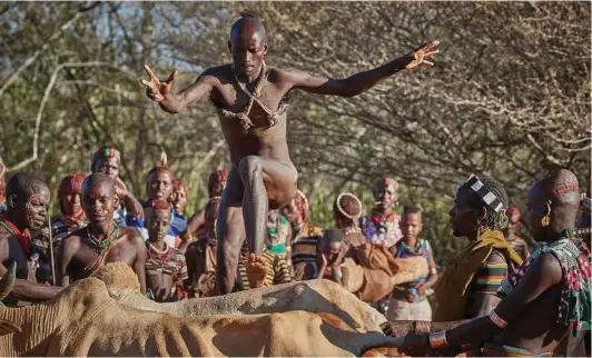  ?? Andy Haslam photos / New York Times ?? A bull-jumping ceremony, a ritual initiation to manhood for the Hamar and Karo tribes, in Turmi, Ethiopia. The young men must run back and forth across the bulls’ backs, without falling, three times. Then they are considered men and able to sit with...