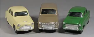  ??  ?? ▲ The original seven cars in the Corgi range did sit together quite well, just don`t dwell too long on the Hillman Husky, (centre). It looks larger, it is. The real vehicle was based on the Hillman Minx up front, but much shorter overall. Corgi used just the lengths of the real vehicles to decide a model’s scale and length, need one say more. Enter one Husky on steroids and a wide smile up front.