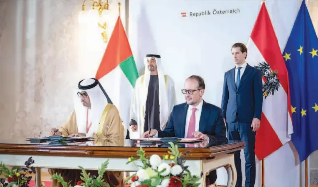  ?? WAM ?? Sheikh Mohamed and Sebastian Kurz witness an MOU signing ceremony at the Austrian Foreign Ministry.