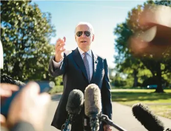  ?? DOUG MILLS/THE NEW YORK TIMES ?? President Joe Biden addresses reporters Thursday before going to New Jersey and New York.