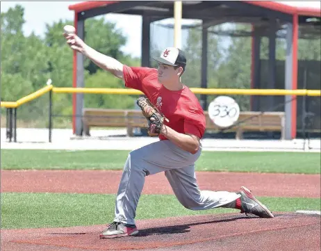  ?? RICK PECK/SPECIAL TO MCDONALD COUNTY PRESS ?? Cade Smith throws a pitch in his four-inning no-hitter to lead McDonald County to a 10-0 win over the Arkansas Express on June 29 in the Fort Scott 18U Baseball Tournament in Fort Scott, Kan.