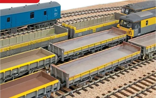  ??  ?? Added variety to the infrastruc­ture wagon fleet comes in the form of the ZCA ‘Seahorse' ballast and spoil wagon constructe­d from the plastic kit, produced by Cambrian Models.