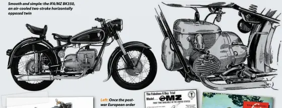  ??  ?? Smooth and simple: the IFA/MZ BK350, an air-cooled two-stroke horizontal­ly opposed twin Left: Once the postwar European order was establishe­d, MZ carried on pretty much where DKW had left off. This is the 1956 incarnatio­n of the stalwart RT125 commuter