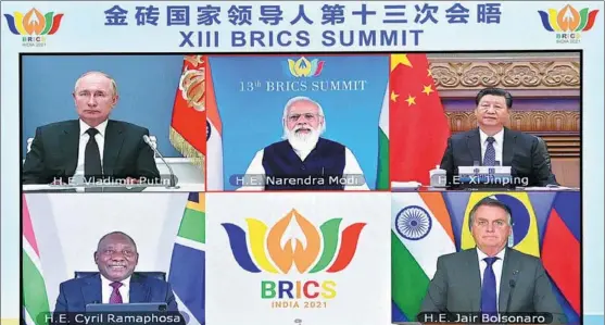  ?? XINHUA ?? Leaders of the BRICS countries — Brazil, Russia, India, China and South Africa — take part in the summit, which was hosted by India this year.