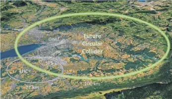  ?? FOTO: DPA ?? Der neue Teilchenbe­schleunige­r (Future Circular Collider) soll fast viermal so groß werden wie der bereits bestehende Large Hadron Collider (LHC) und teils unter dem Genfer See verlaufen.