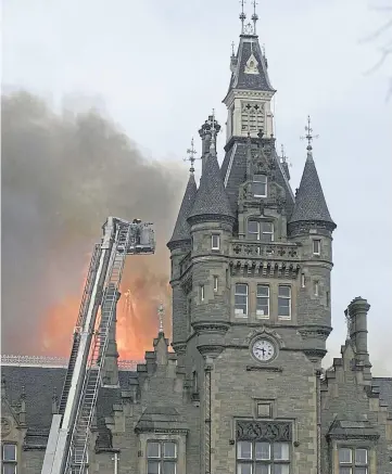  ??  ?? GUTTED: Images of the blaze at Morgan Academy including, below, two taken by Ed Thomson, who was off duty that night but a keen photograph­er; left, Jack Hutcheon; right, Craig Millar.