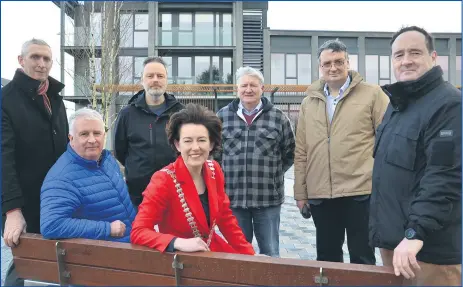  ?? (Pic: John Ahern) ?? PLEASED WITH PLAZA: Mayor of County Cork, Cllr. Gillian Coughlan, with members of Watergrass­hill Community Associatio­n at Wednesday morning’s official opening of the village’s new plaza, l-r: Dan Lynch, Paul Sharkey, Kieran Walsh, Barry Curtin, Robert Ryall and Damien Coakley.