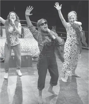  ?? TROY FLEECE ?? Rebecca Auerbach as Rosie, left, Jane Cooke as Donna Sheridan and Stephanie Roth as Tanya perform a scene from Mamma Mia! at the Globe Theatre. The intimate venue provides a fresh experience for those who have seen the movie or another stage production.