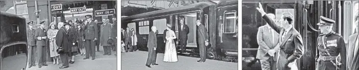  ??  ?? ROYAL PRESENCE: From left, King George VI and Queen Elizabeth’s last visit together to Sheffield, 1945; The Queen and Prince Philip at Sheffield station, July 1975; Prince Charles arrives with Vice Lord Lt of South Yorks Col R Inman, 1988.