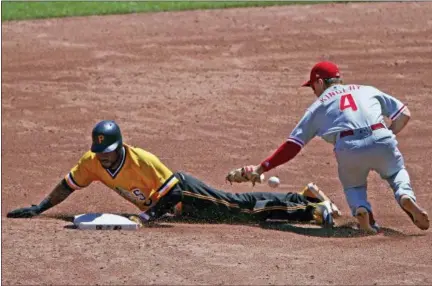  ?? GENE J. PUSKAR — THE ASSOCIATED PRESS ?? Philadelph­ia Phillies’ Scott Kingery (4) has the ball pop out of his glove as Pittsburgh Pirates’ Starling Marte, left, steals second base in the third inning of a baseball game in Pittsburgh, Sunday.