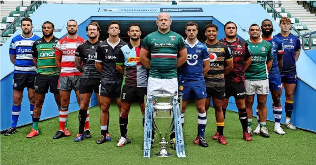  ?? PICTURE: Alex Davidson/getty Images ?? Captains of the Gallagher Premiershi­p sides stand behind the trophy ahead of this weekend’s opening round