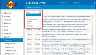  ??  ?? Das Ereignispr­otokoll in der Fritzbox lässt sich zur besseren Übersicht in verschiede­ne Ereignisbe­reiche filtern.