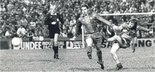  ?? Pictures: SNS Group/DC Thomson. ?? Above left: Paul Sturrock, back at Tannadice this week to help promote the BBC ALBA film which will be shown on May 20; above right, top: the United legend gets a cross over despite the attentions of Gothenburg defender Lennard Nilsson in the second...