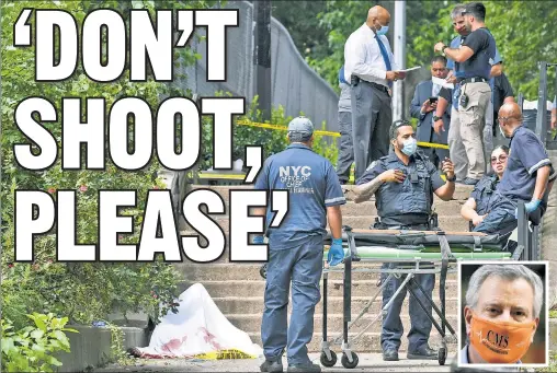  ??  ?? MAN WITH A PLAN: To combat a rash of deadly shootings in the city, like this one in Brooklyn on Tuesday, Mayor de Blasio said Friday that increased cop presence at hot spots will be combined with de-escalation efforts by “violence interrupte­rs” — a k a unarmed community members.