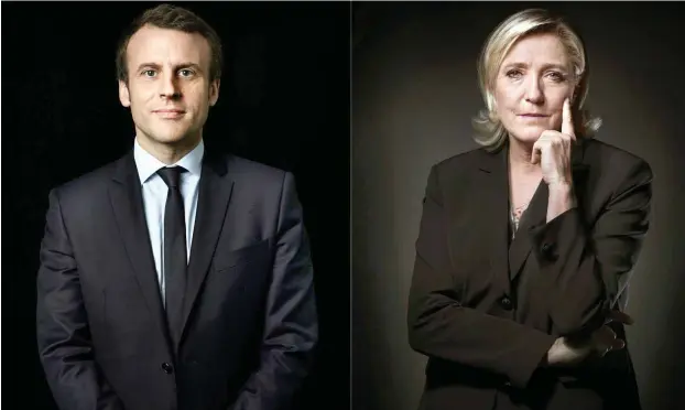  ?? Fotos: AFP/Eric Feferberg, Joël Saget ?? Für das Endspiel um die französisc­he Präsidents­chaftstrop­häe haben sich qualifizie­rt: Emmanuel Macron (li.) und Marine Le Pen.